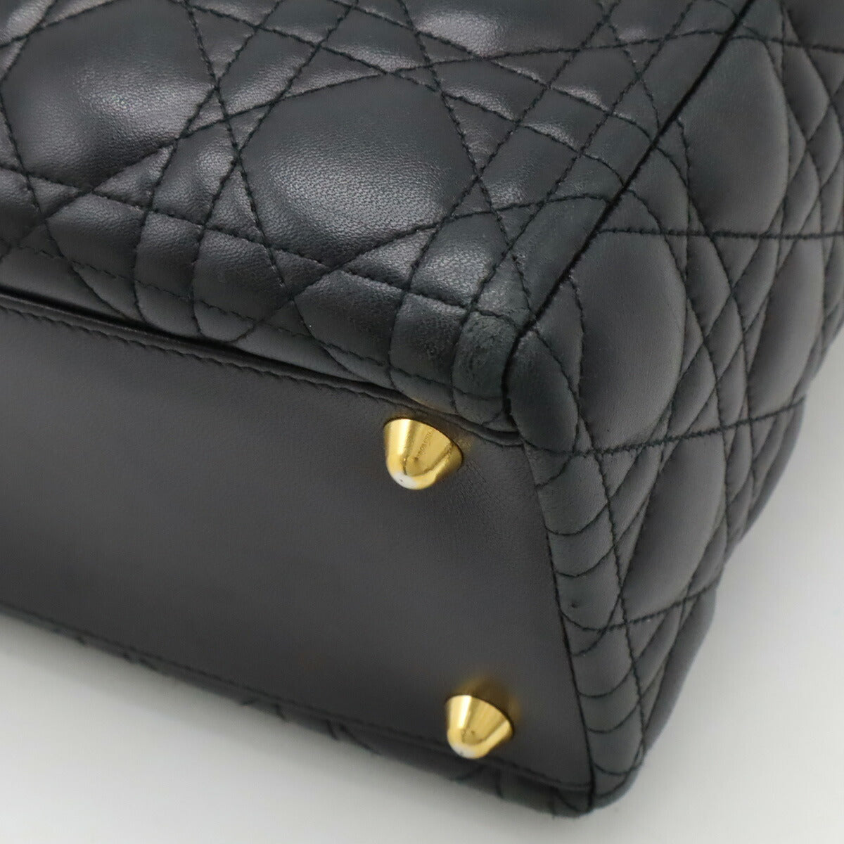 Christian Dior Leather Lady Dior 2way Handbag Black Gold Hardware