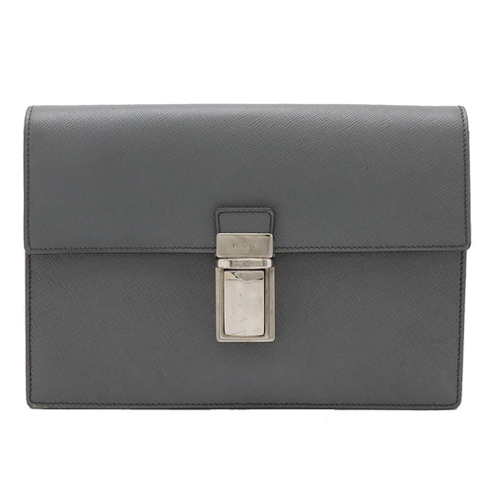 Prada Saffiano Clutch Bag 2way Bag Leather Grey