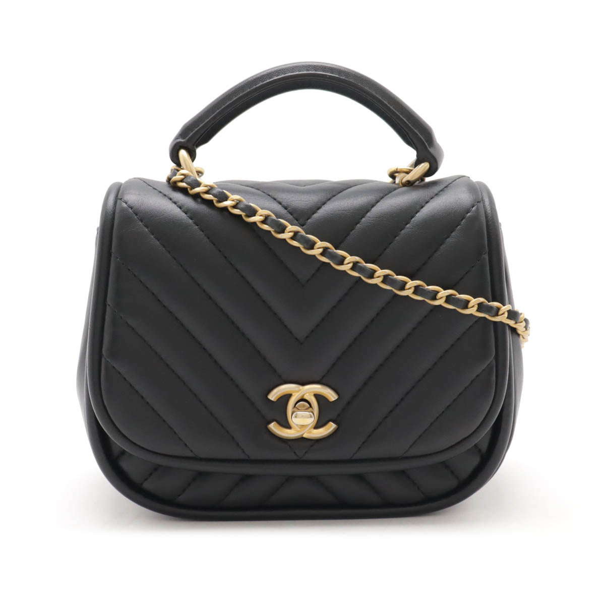 Chanel Chevron Coco Mark Top Handle 2way Chain Shoulder Bag Black Leather Classic Flap