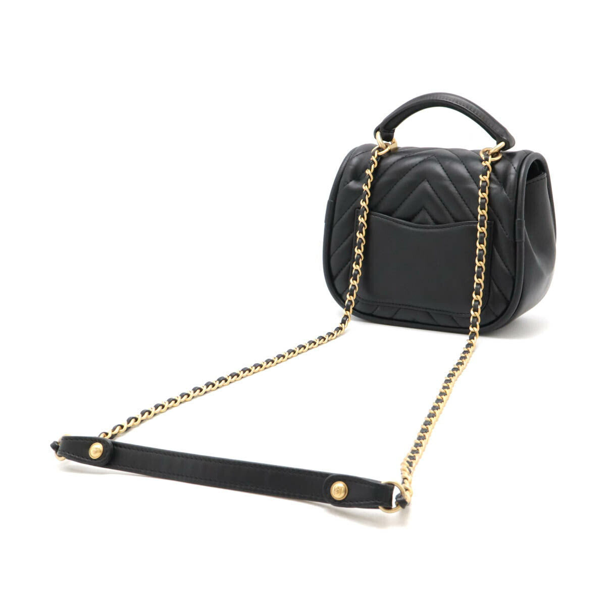 Chanel Chevron Coco Mark Top Handle 2way Chain Shoulder Bag Black Leather Classic Flap