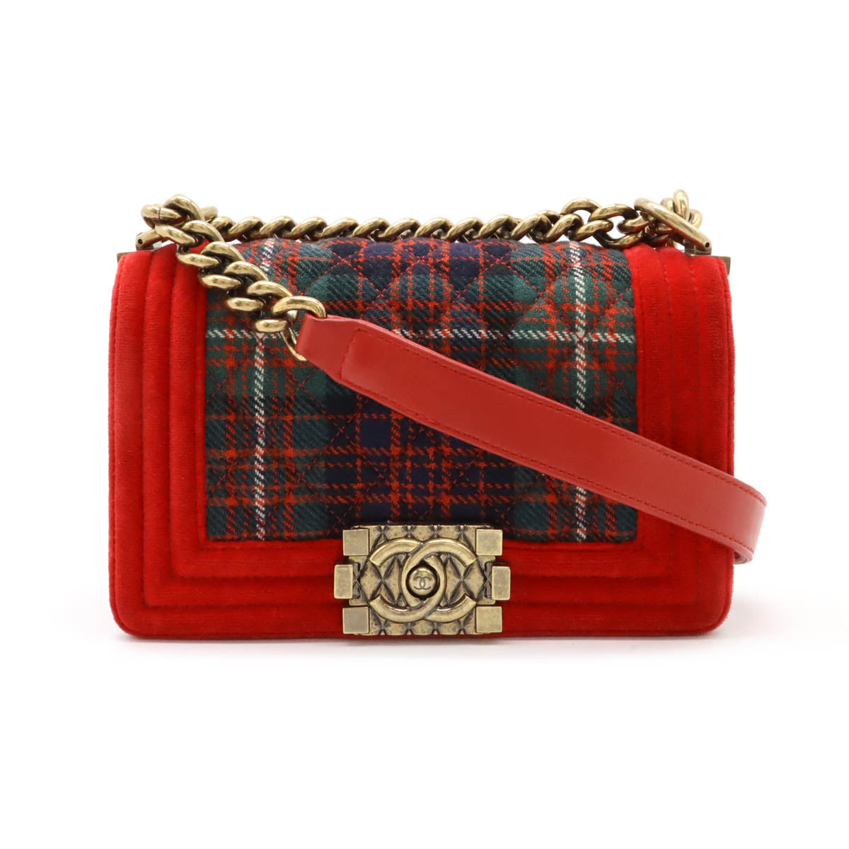 Chanel Velour Matelasse Boy Chanel Check Chain Shoulder Bag Red Green Classic Flap