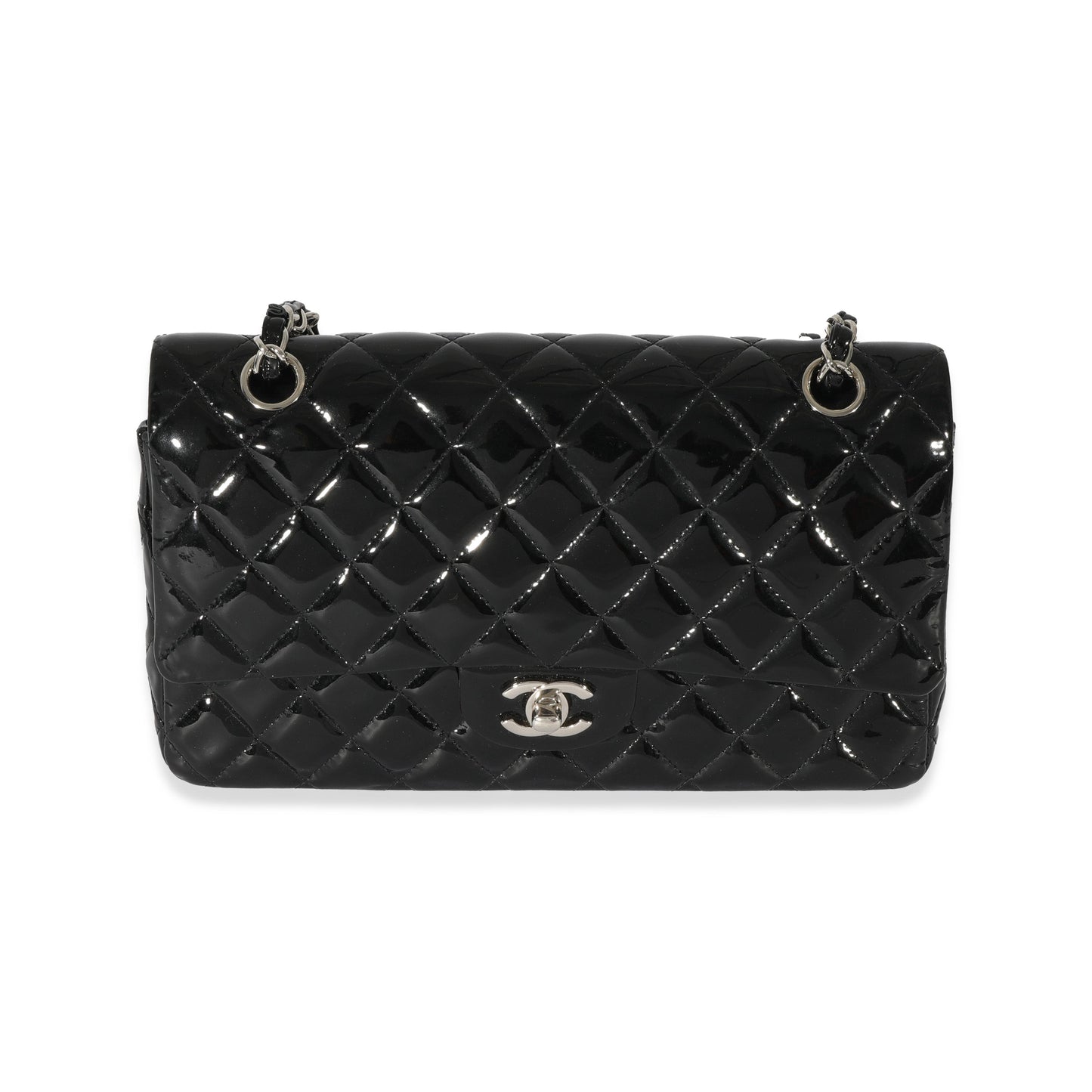 CHANEL Black Quilted Patent Leather Medium Classic Double Flap Bag