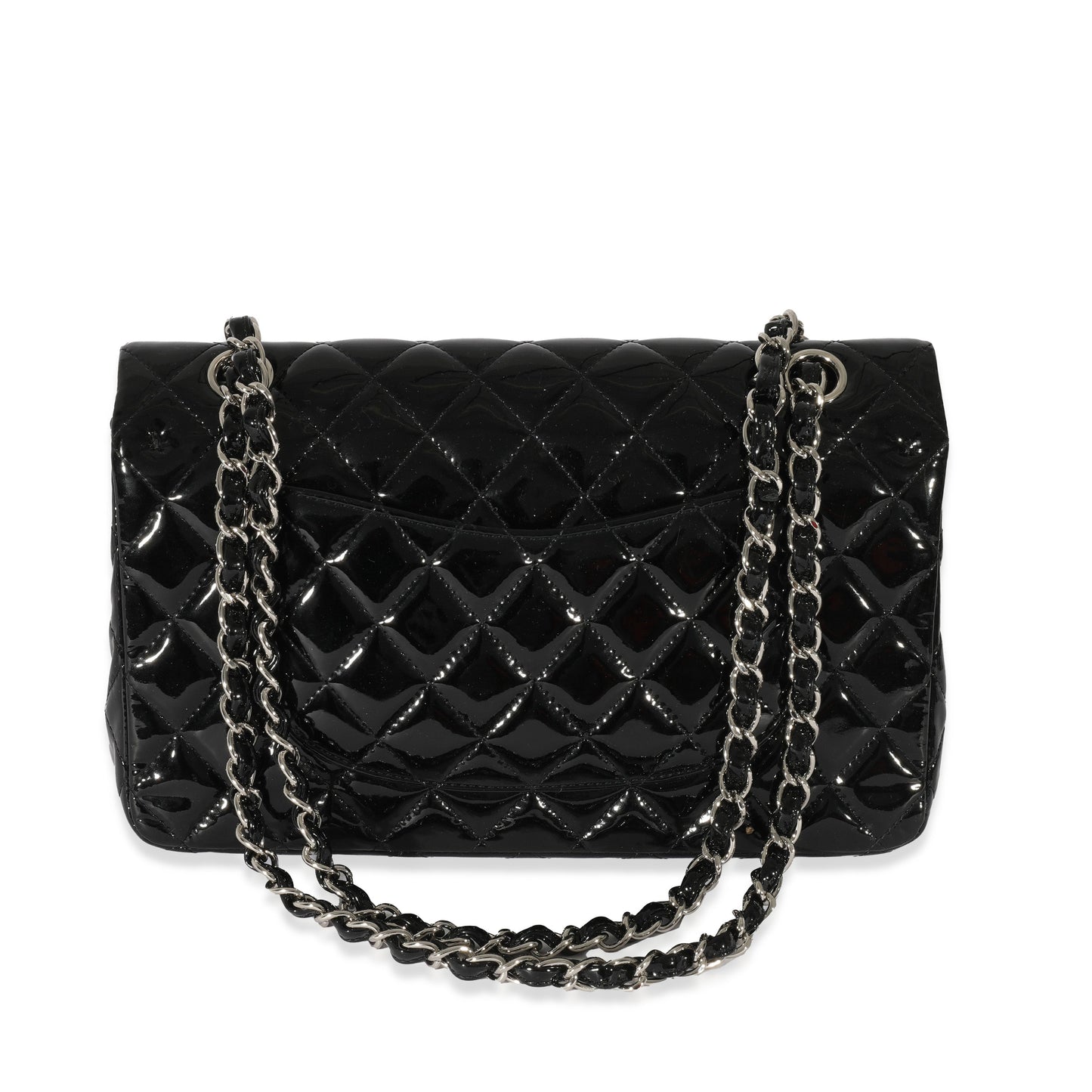 CHANEL Black Quilted Patent Leather Medium Classic Double Flap Bag