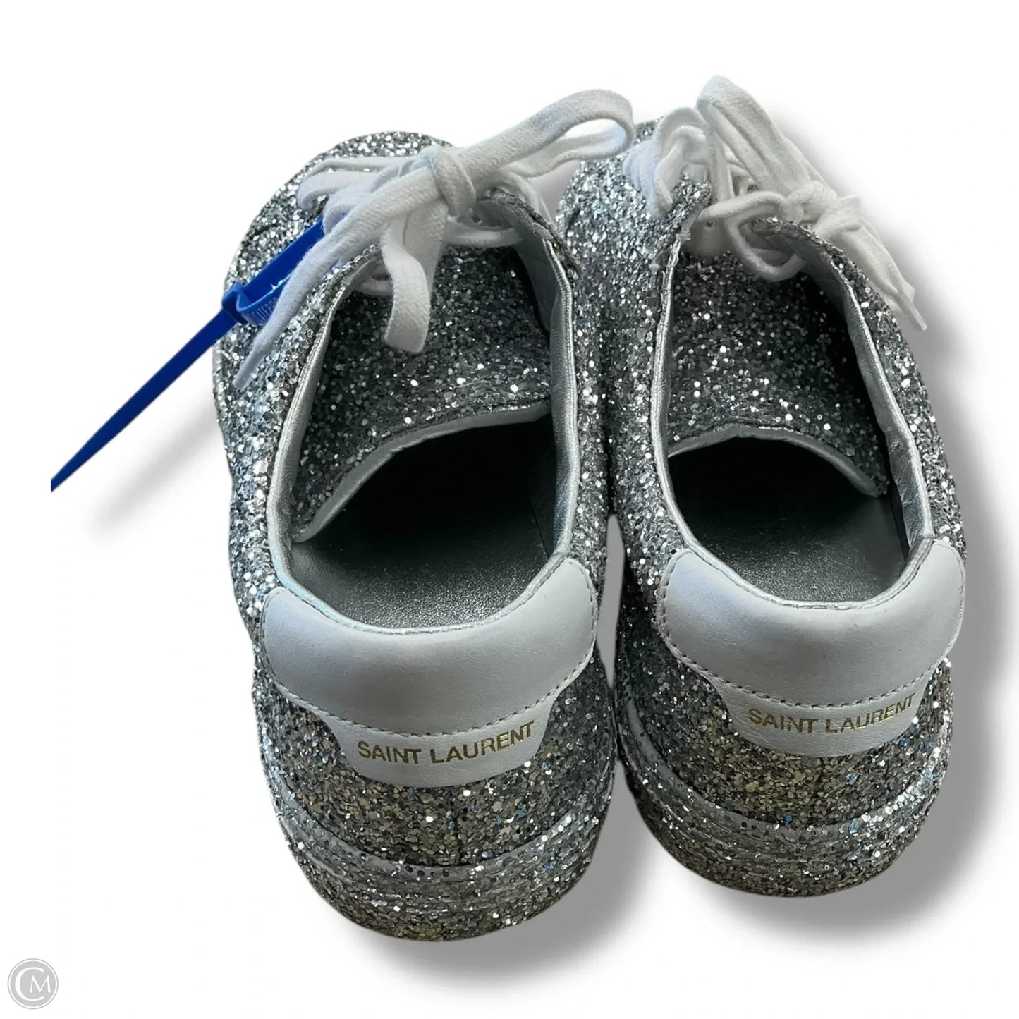 Shoes Luxury Designer By Yves Saint Laurent In Silver, Size: 5.5