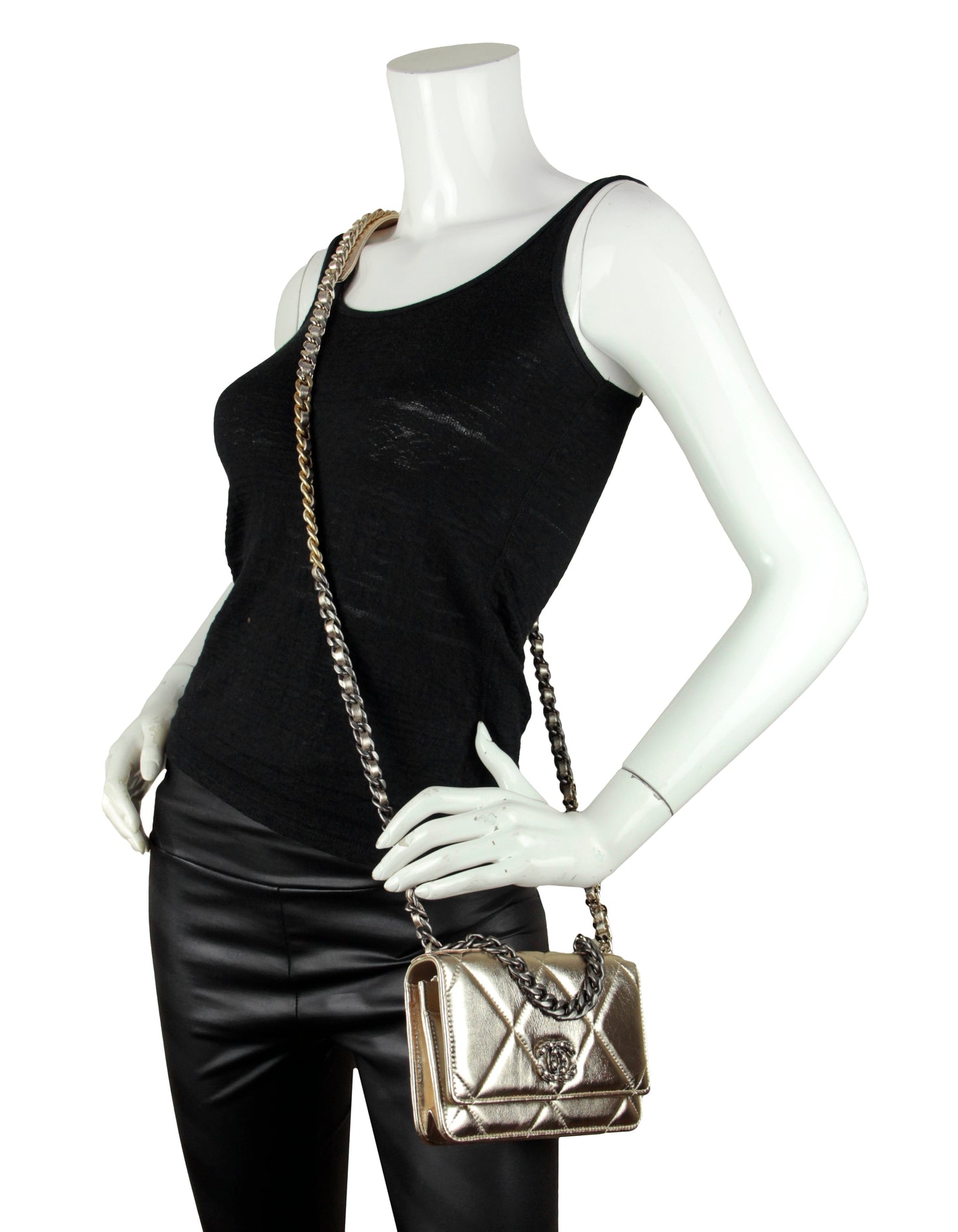 Chanel 2022 Gold Quilted 19 Wallet On Chain WOC Crossbody Bag