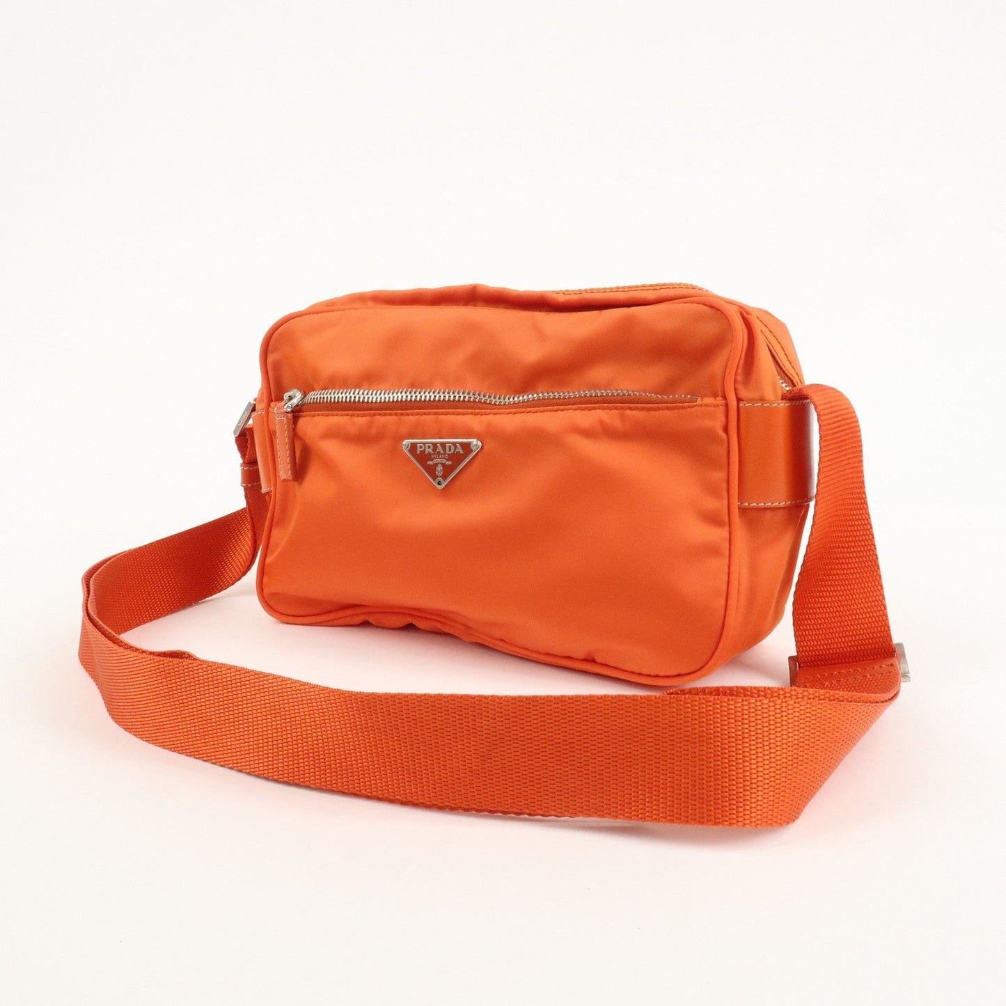 PRADA Triangle Logo Leather Nylon Shoulder Bag Orange