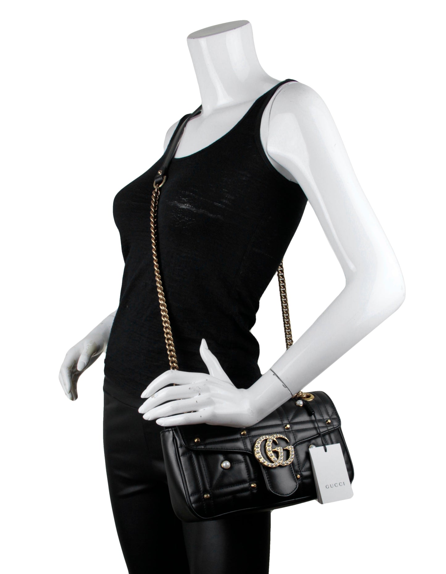 Gucci NWT Black Small GG Marmont MatelassÃ© Pearl Studded Shoulder Bag
