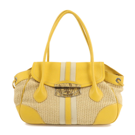 PRADA Triangle Logo Leather Raffia Tote Bag Beige Yellow