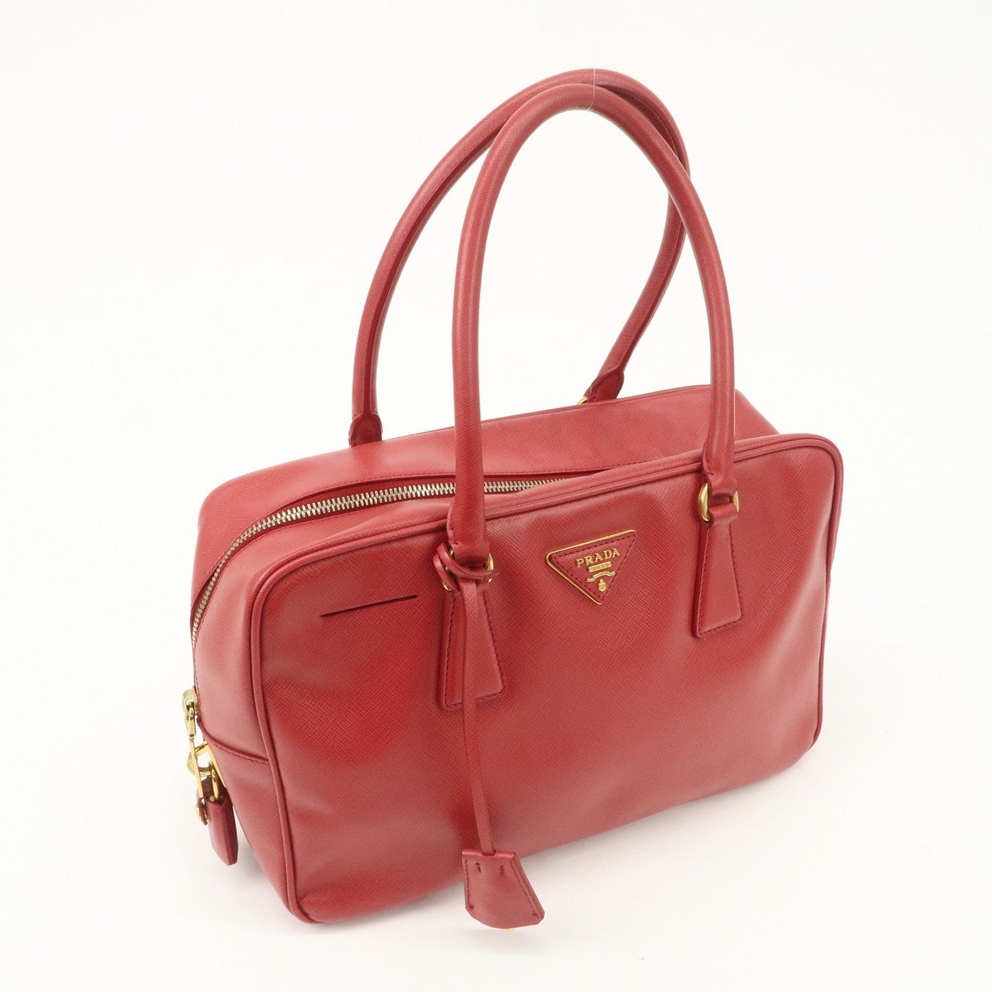 PRADA Triangle Logo Saffiano Leather Boston Bag Hand Bag Red BL0095