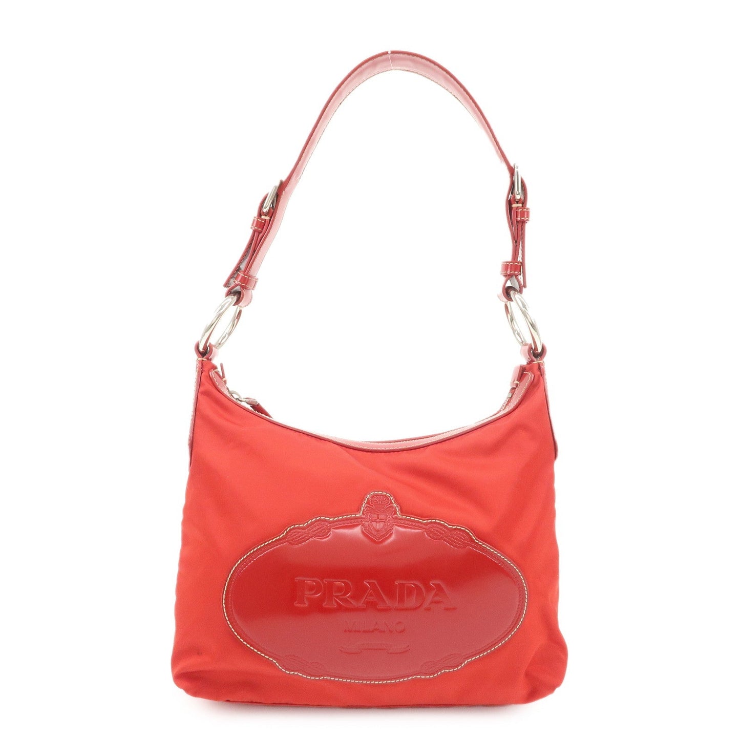 PRADA Logo Nylon Leather Shoulder Bag  Silver HDW Red