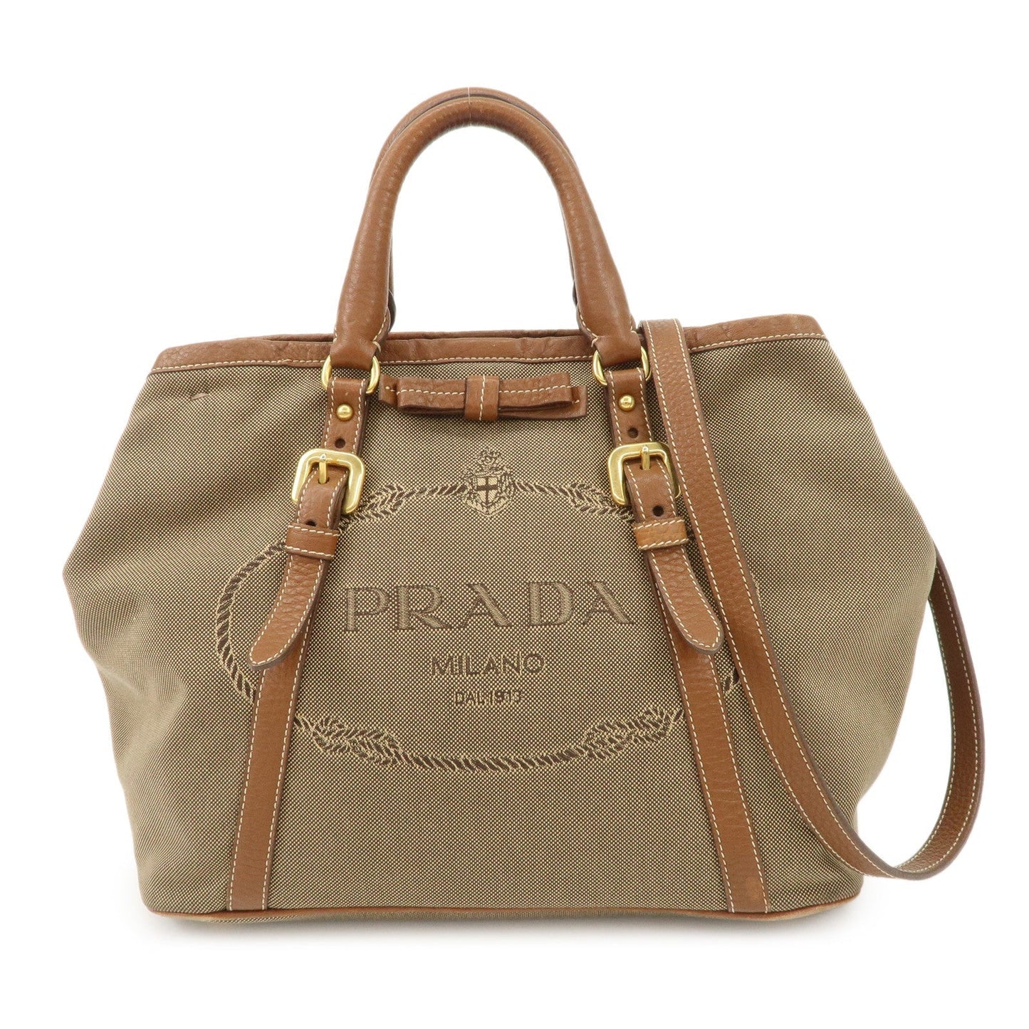 PRADA  Leather Logo Jacquard Tote Bag Ribbon Beige Brown BN1841