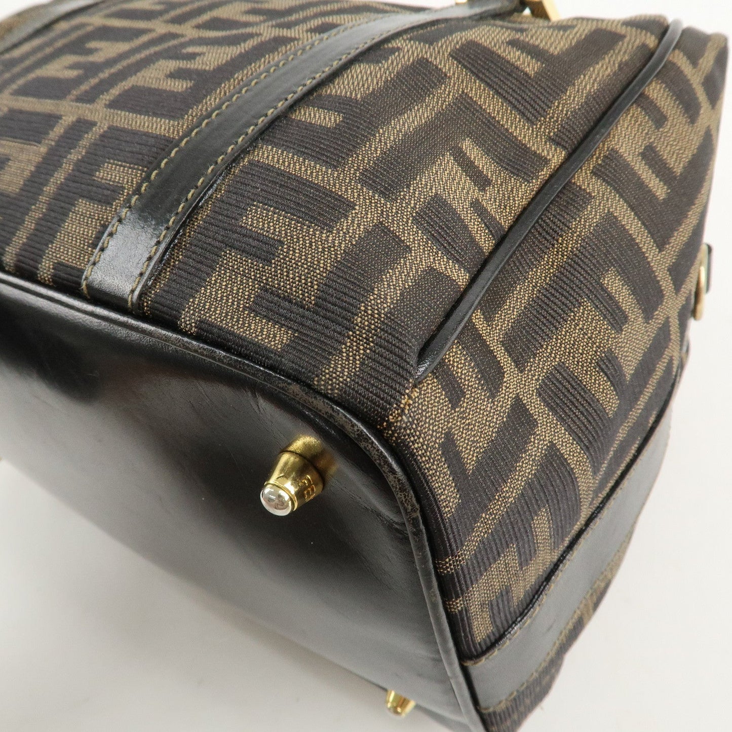 FENDI Zucca Canvas Leather Boston Bag Hand Bag Brown Black