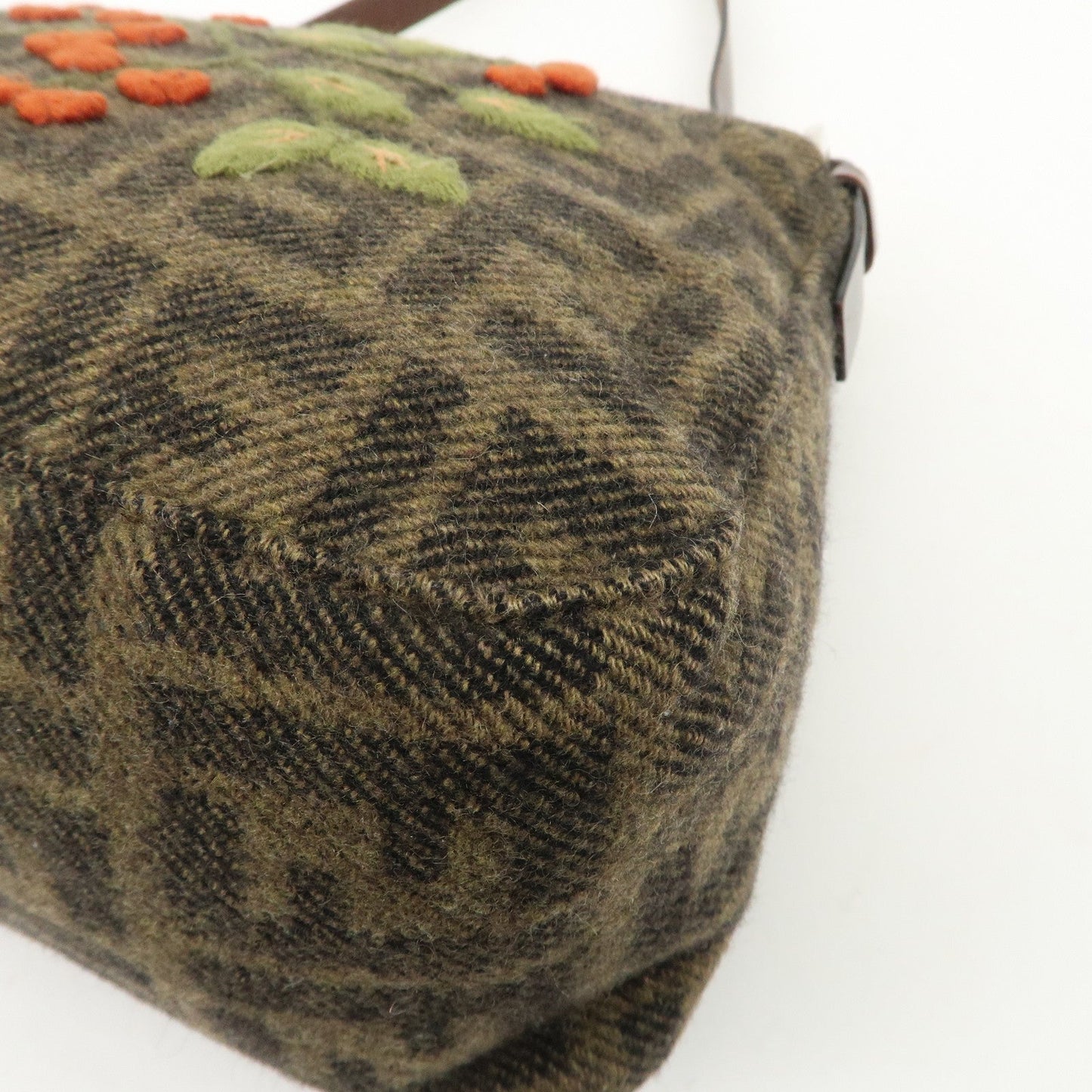 FENDI Mamma Baguette Wool Leather Shoulder Bag Tree Motif Khaki