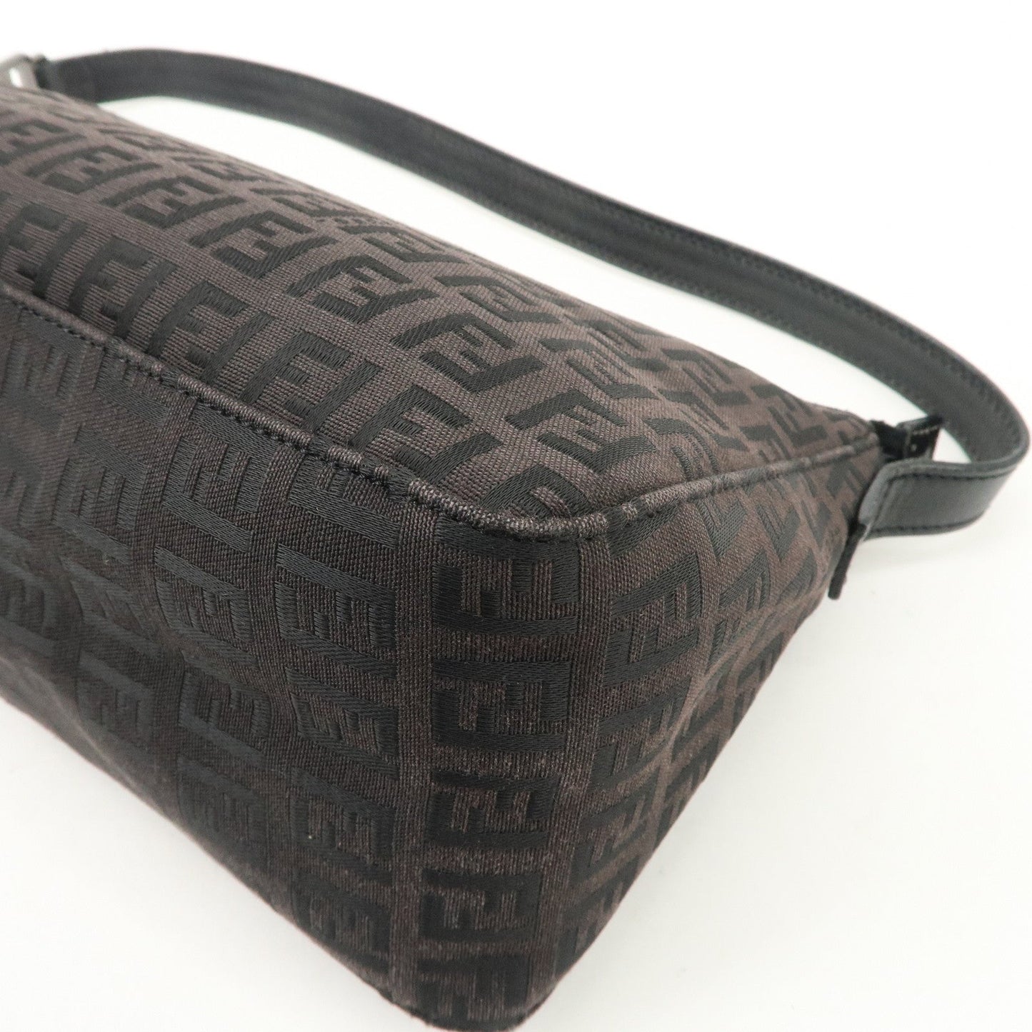 FENDI Zucchino Canvas Leather Shoulder Bag Dark Brown 8BR444
