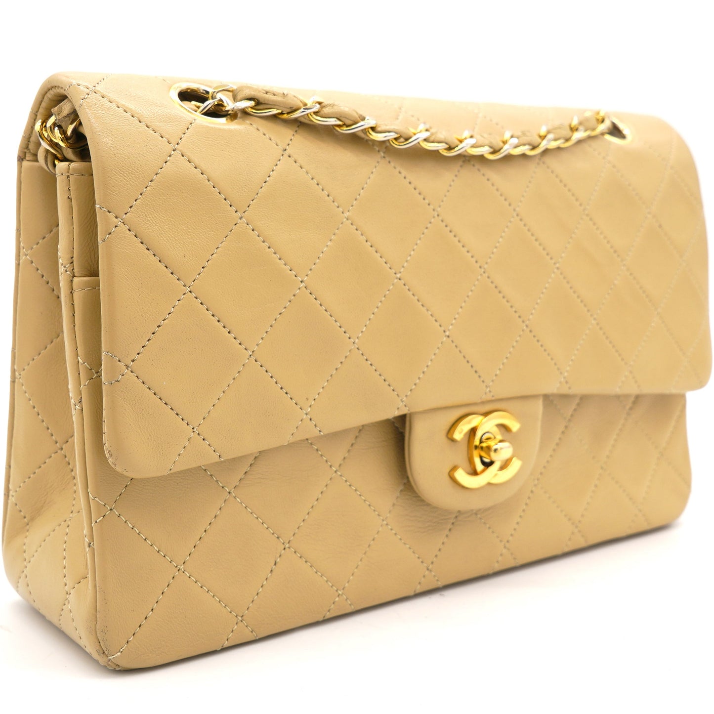 Chanel Beige Quilted Lambskin Leather Medium Classic   Double Flap Shoulder Bag