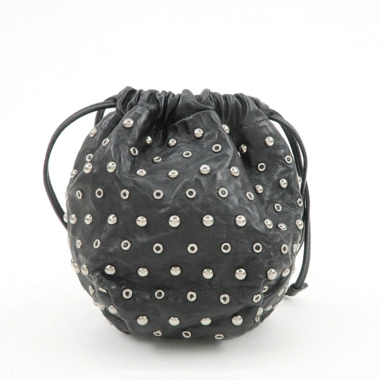 PRADA Studs Leather Drawstring Bag Cosmetic Pouch Black