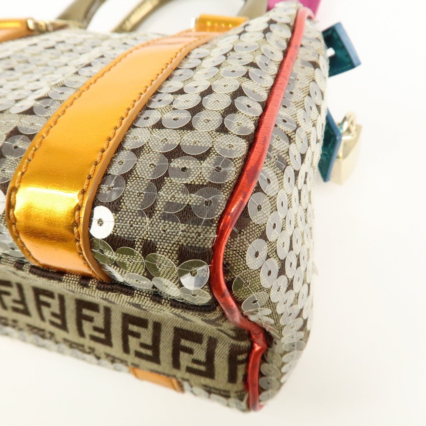 FENDI Zucchino Flip Sequin Canvas Patent Leather Boston Bag 8BL071