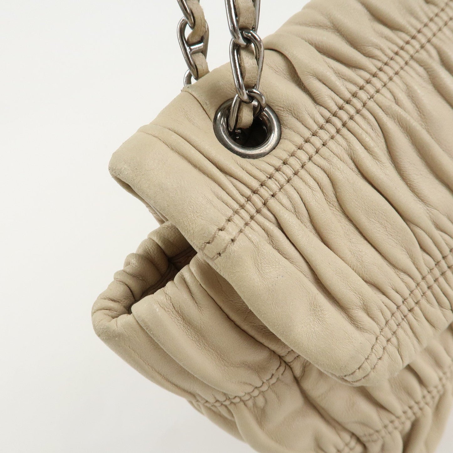 PRADA Leather Gathered Chain Shoulder Bag Ivory B4695C