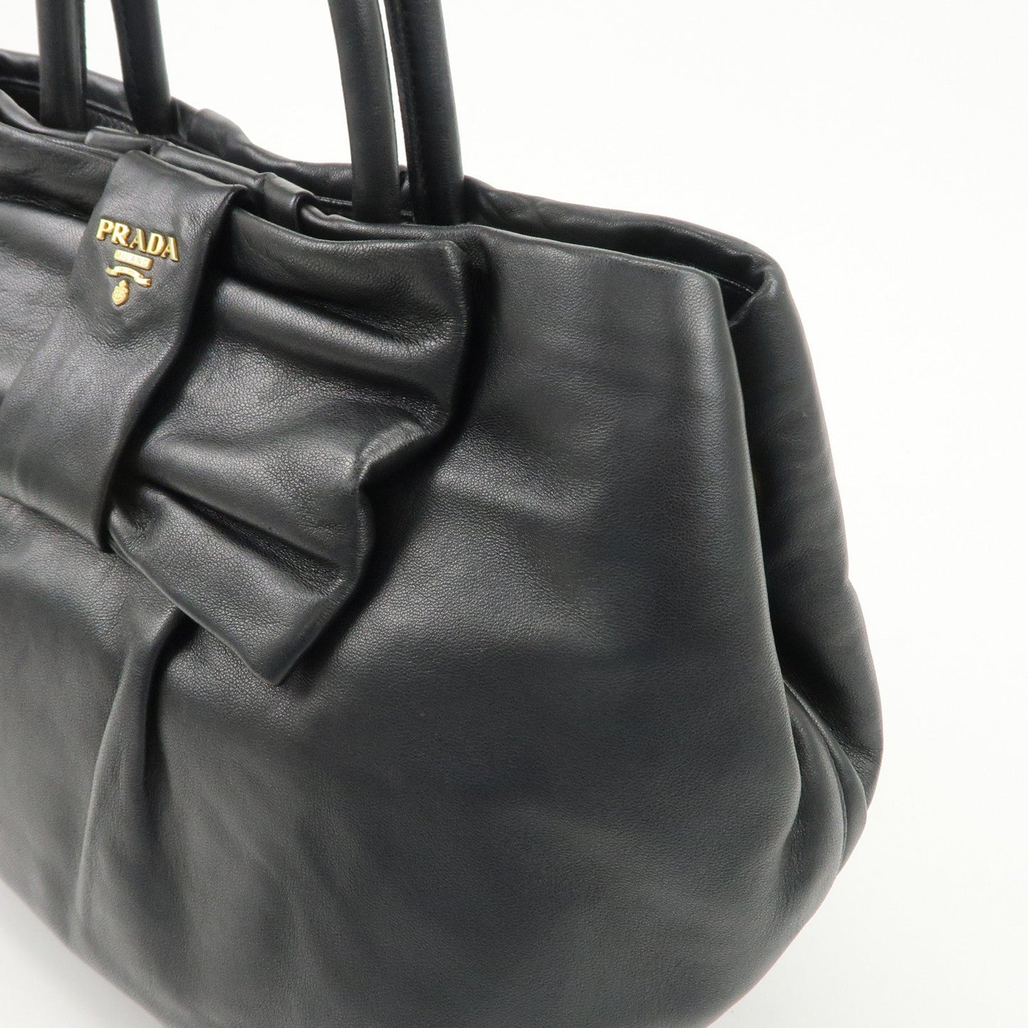 PRADA Leather Ribbon Tote Bag Hand Bag NERO Black BN1601