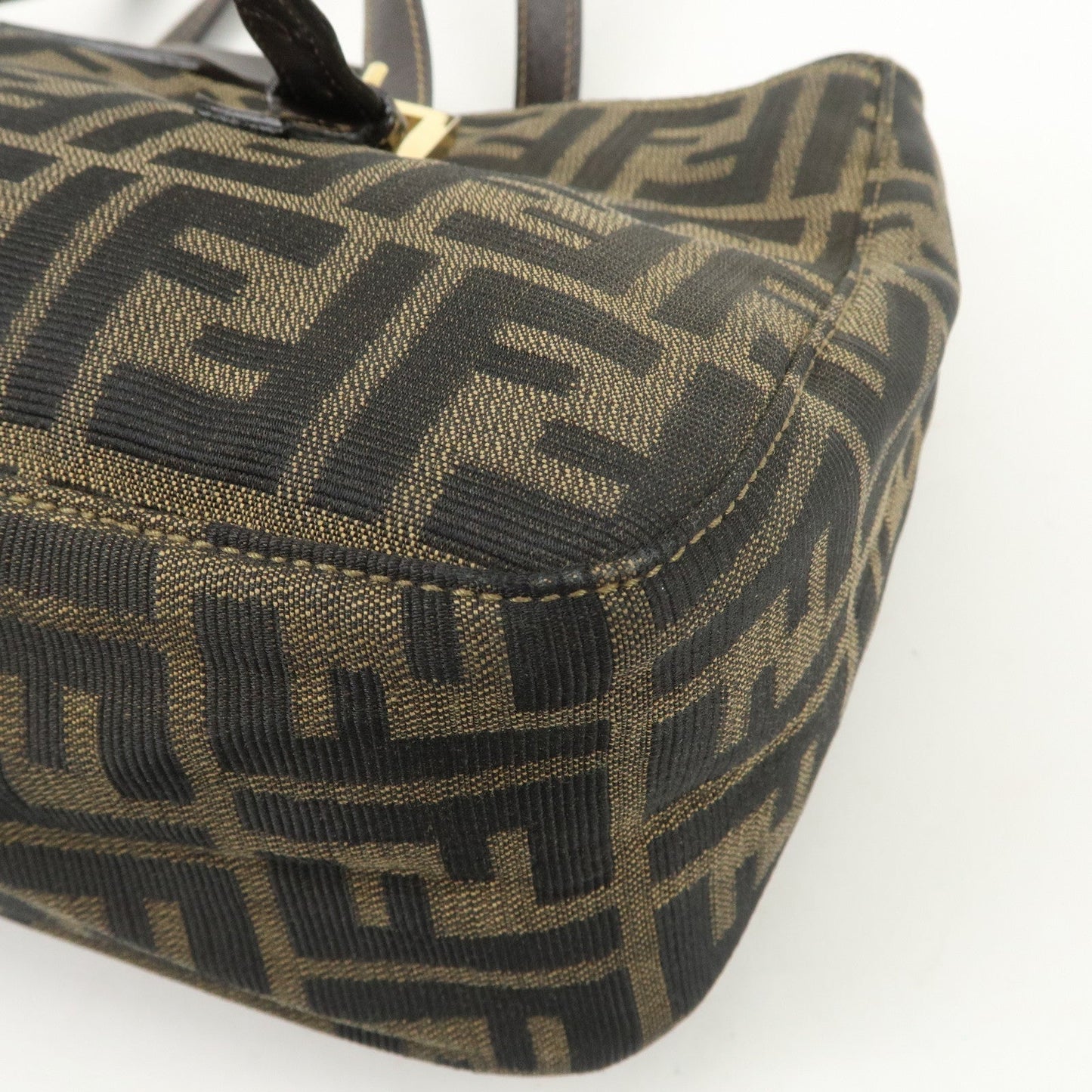 FENDI Zucca Canvas Leather Hand Bag Brown Black Gold Hardware