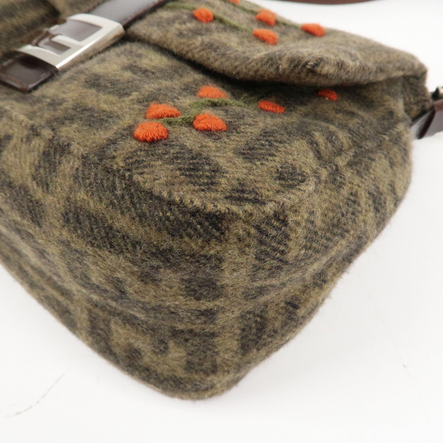 FENDI Mamma Baguette Zucca Wool Leather Shoulder Bag Flower