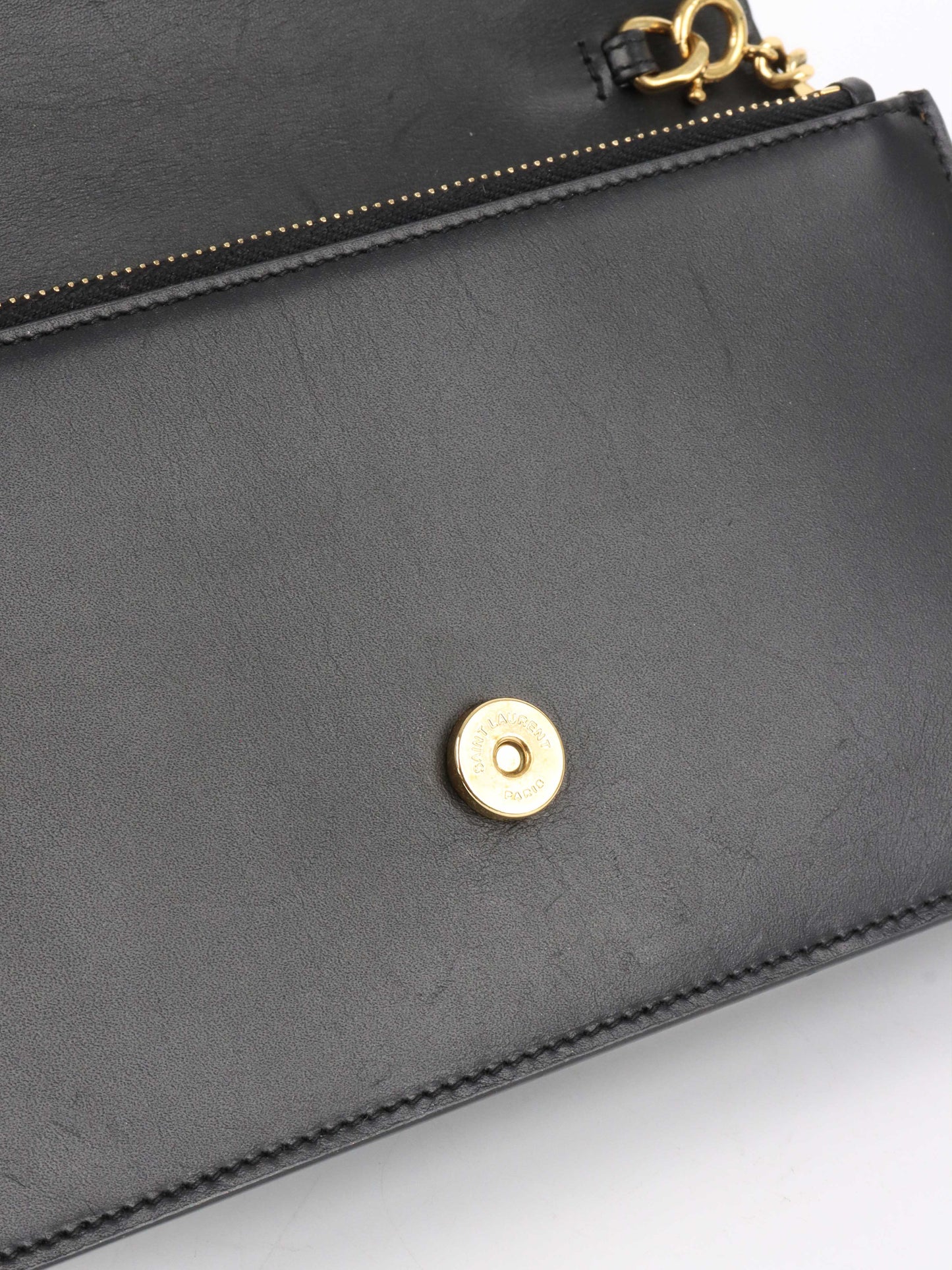 Saint Laurent Small Black Kate Wallet on Chain with Gold Tassel.