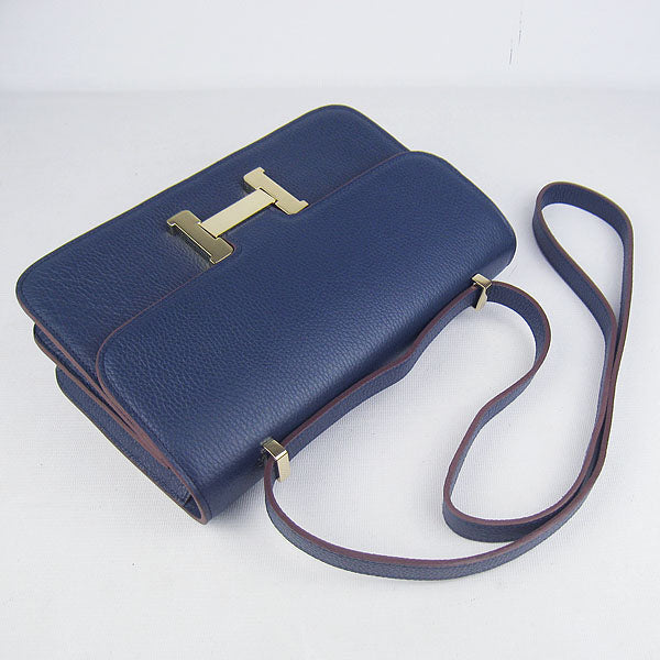 Luxury Hermes Calf Leather Message Bag H020 Dark Blue Golden
