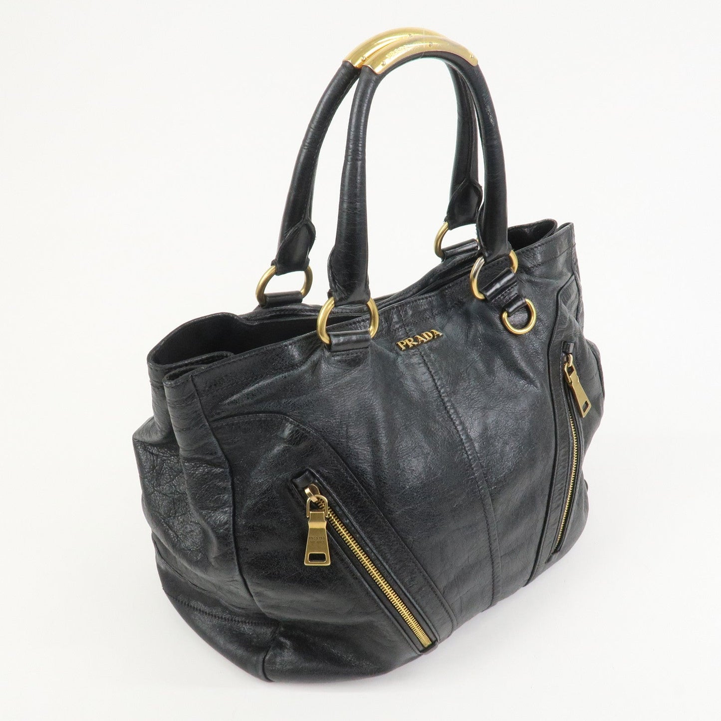 PRADA Logo Leather Tote Bag Shoulder Bag Black