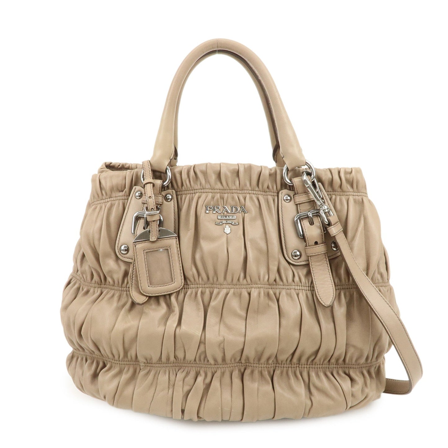 PRADA Logo Leather Gathered 2Way Shoulder Bag Hand Bag BN1789