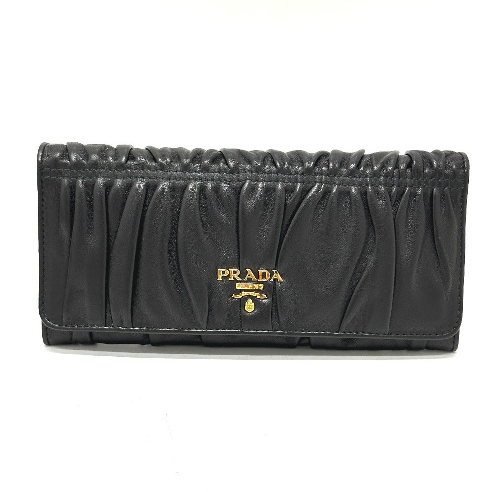 PRADA Long Wallet Purse 1M1132 leather black logo Gathered Women
