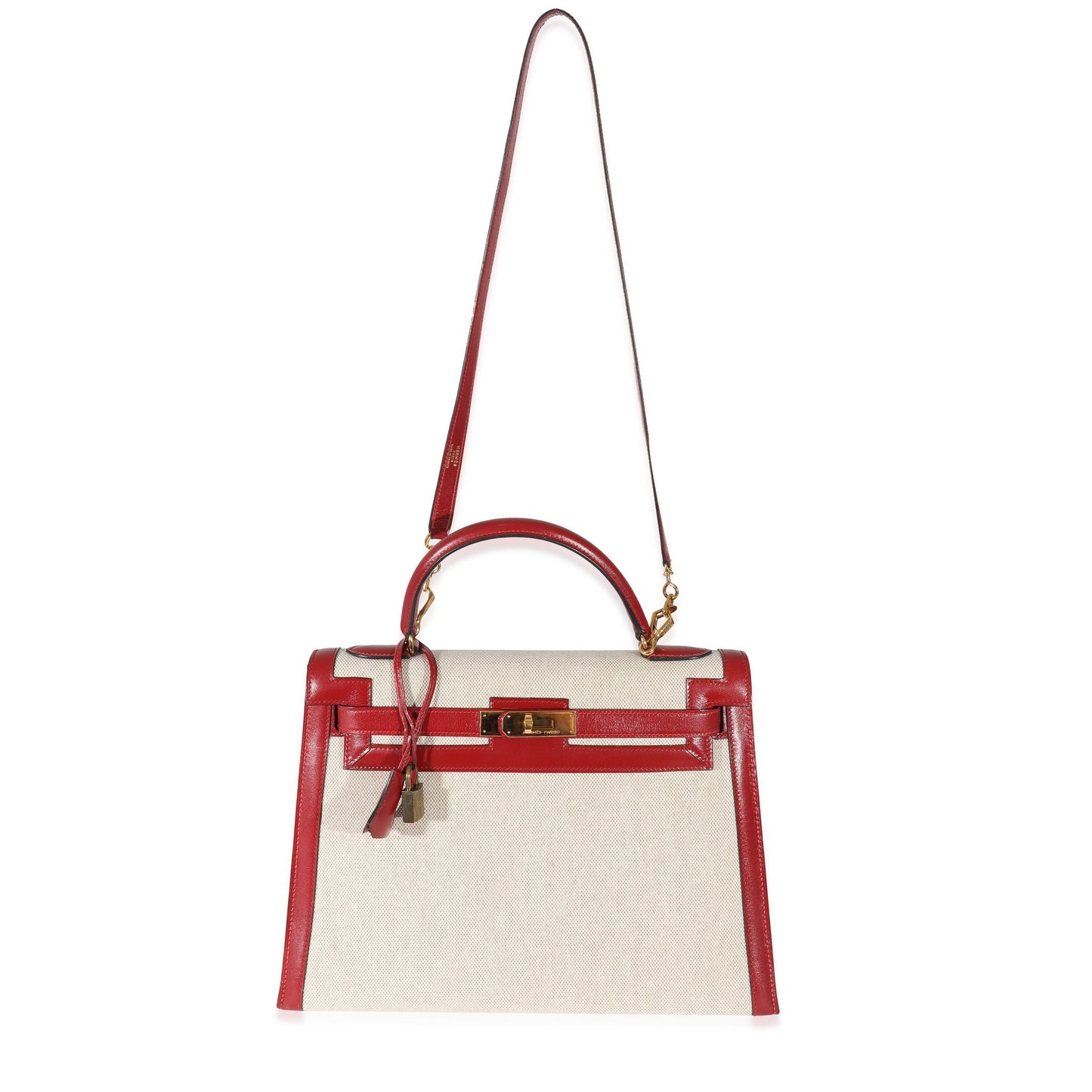 Hermes Kelly 32  Rouge Box Natural Toile Sellier