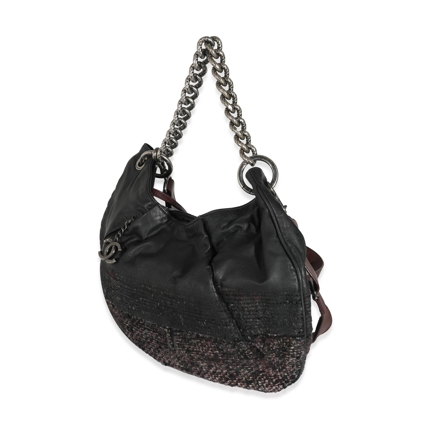 CHANEL Black Tweed Leather Coco Pleats Hobo