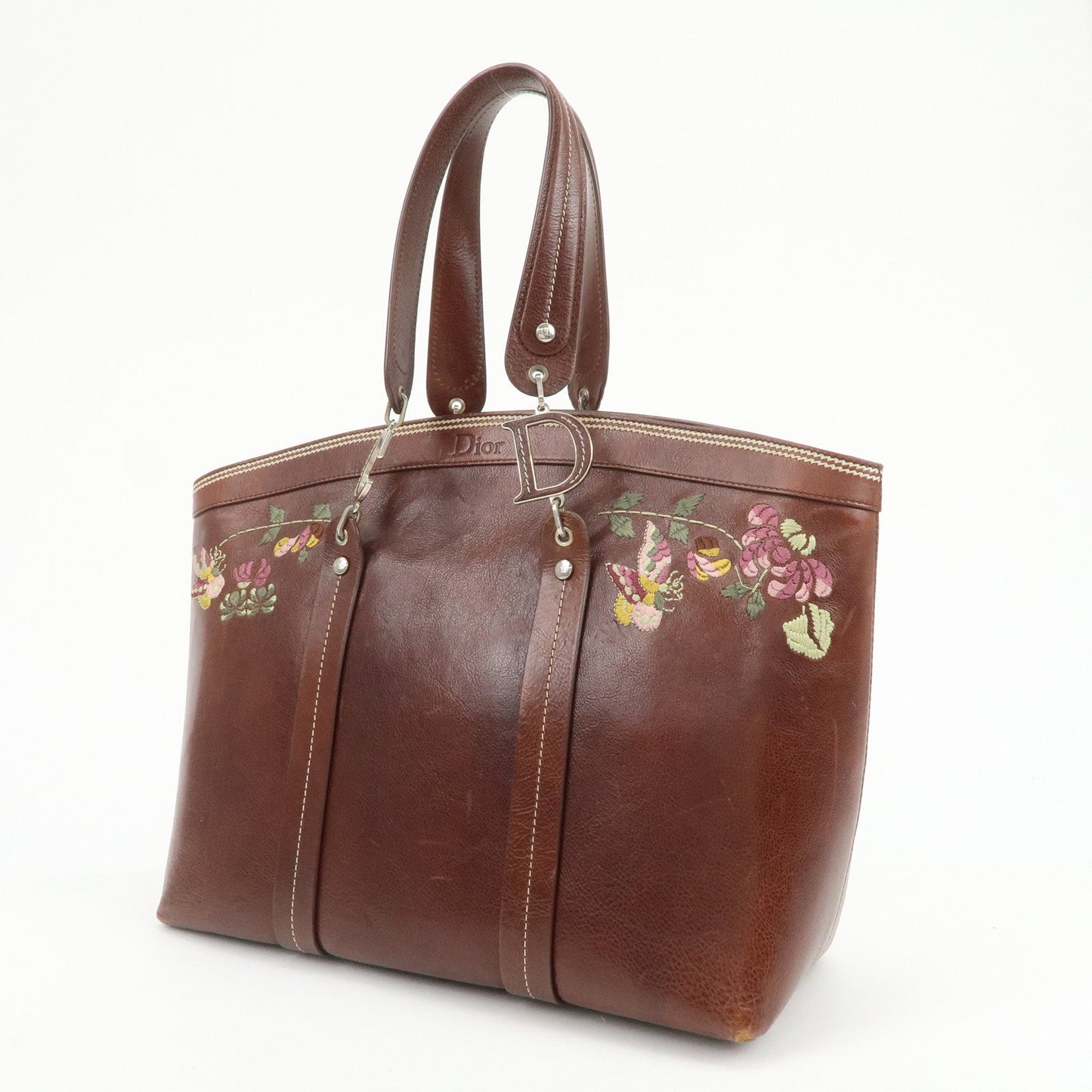 Christian Dior Leather Flower Embroidery Tote Shoulder Bag Brown