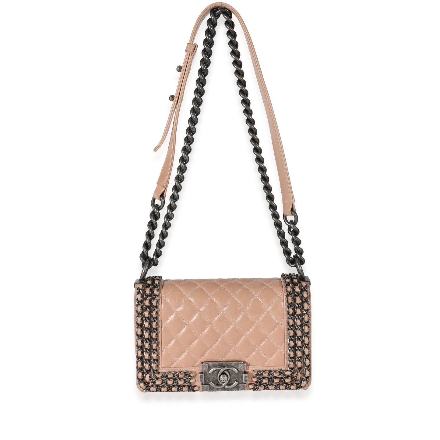 CHANEL Beige Glazed Calfskin Enchained Small Boy Bag