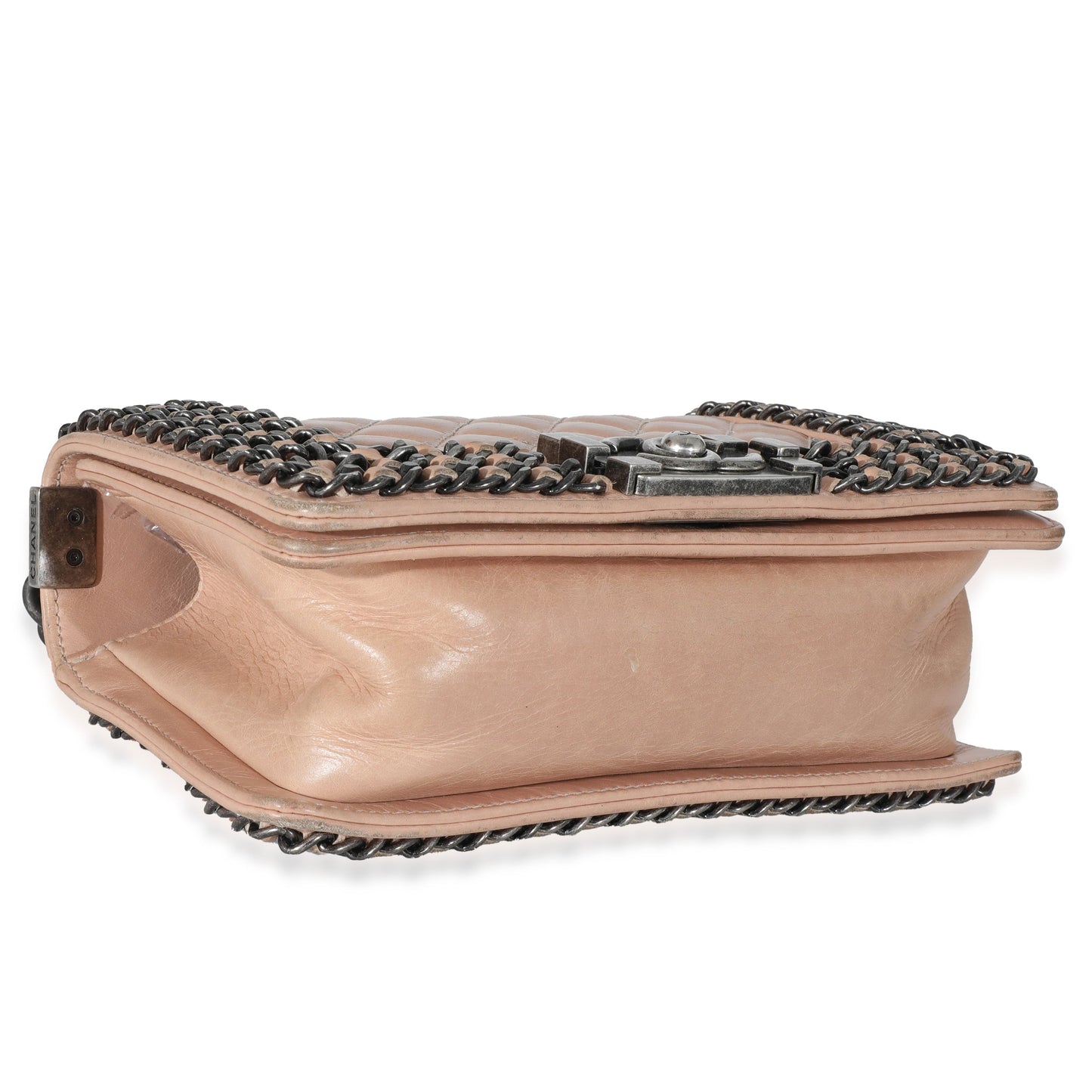 CHANEL Beige Glazed Calfskin Enchained Small Boy Bag