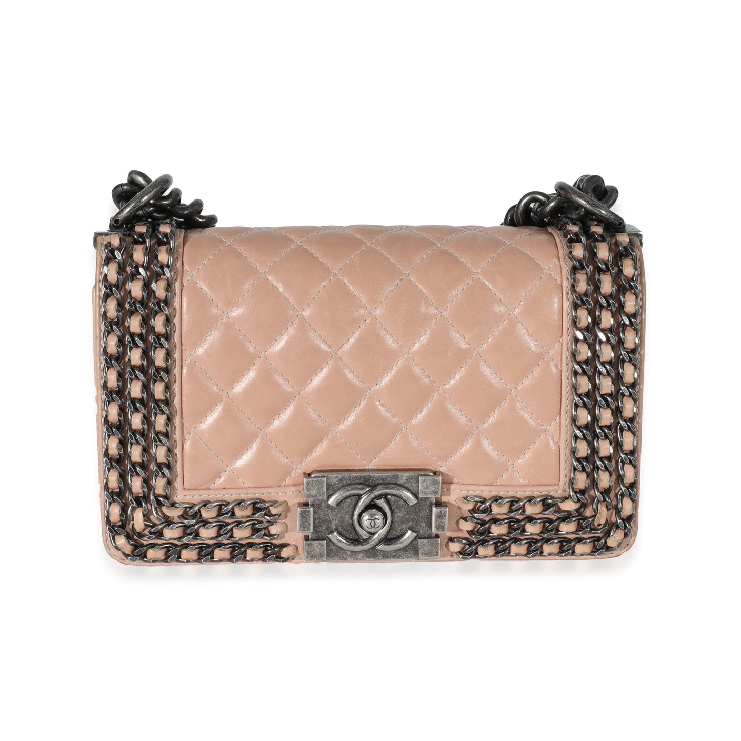 CHANEL Beige Glazed Calfskin Enchained Small Boy Bag