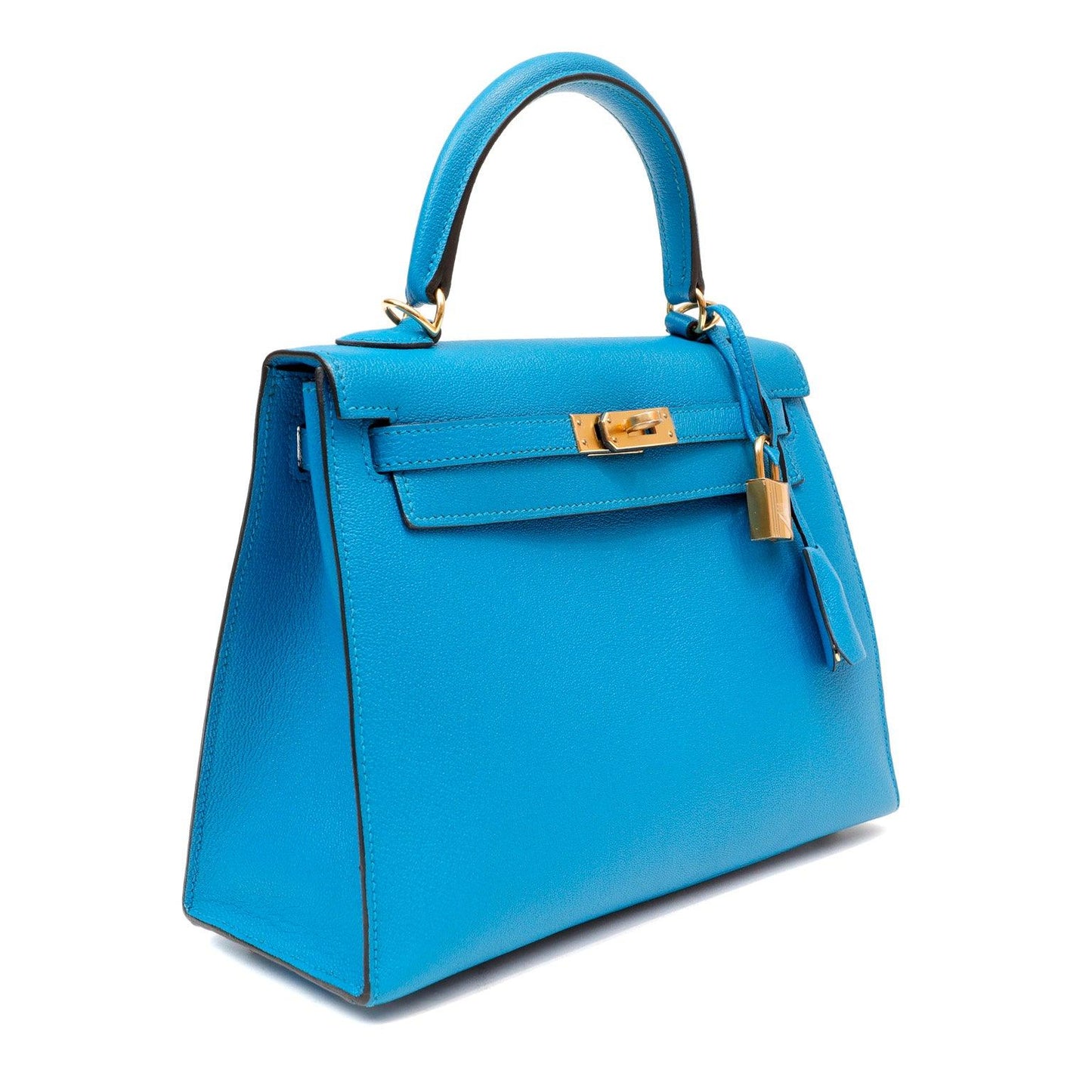 Hermes 25cm Turquoise Blue Chevre Kelly w/ Gold Hardware