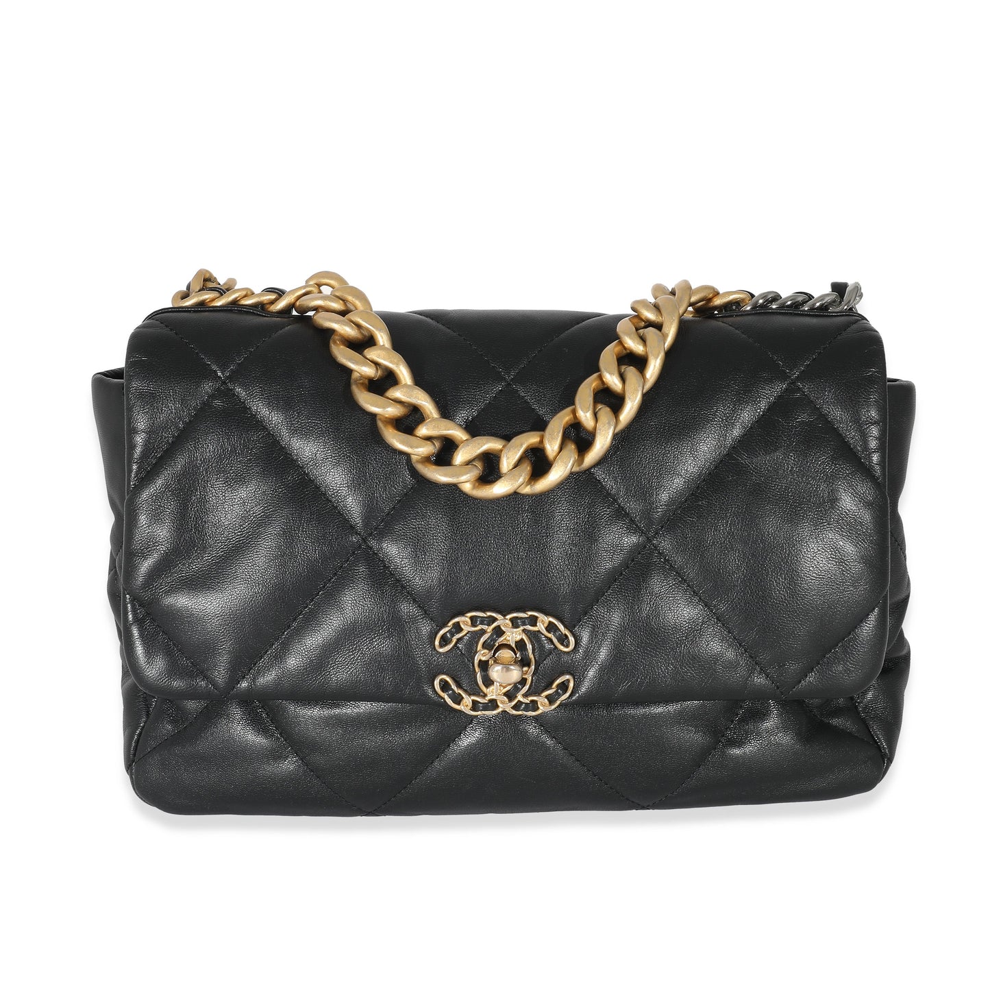 CHANEL Black Shiny Lambskin 19 Flap Bag