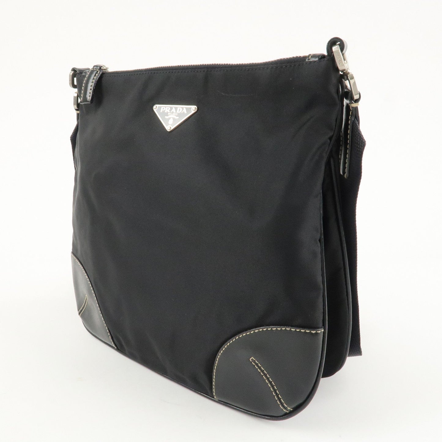 PRADA Triangle Logo Leather Nylon Shoulder Bag Crossbody Bag Black