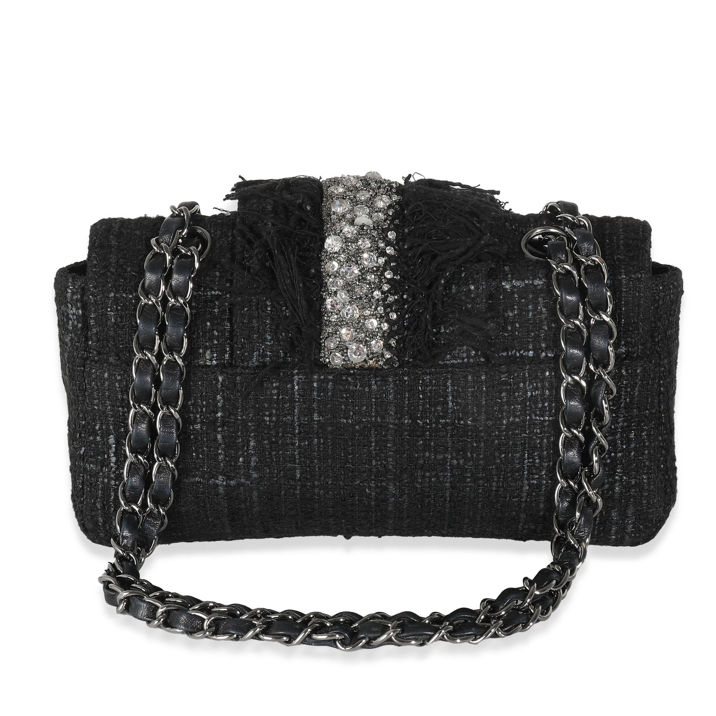 CHANEL Black Tweed Swarovski Fringe Flap Bag