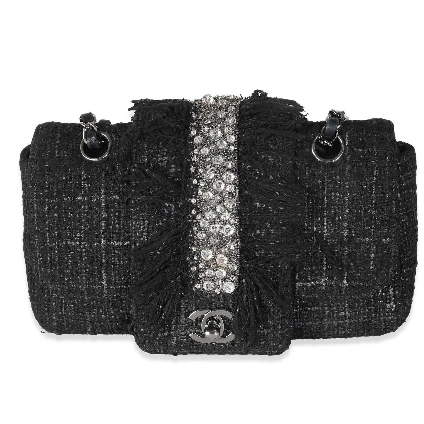 CHANEL Black Tweed Swarovski Fringe Flap Bag