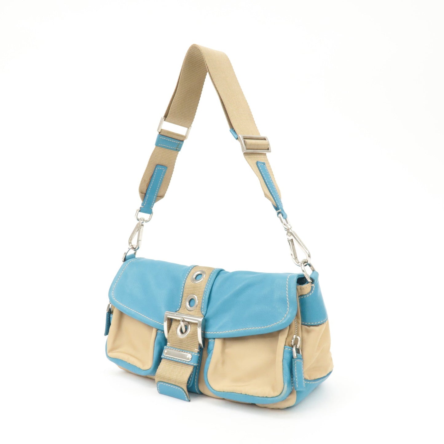 PRADA Nylon Leather Shoulder Bag Crossbody Bag Blue Beige BR2417