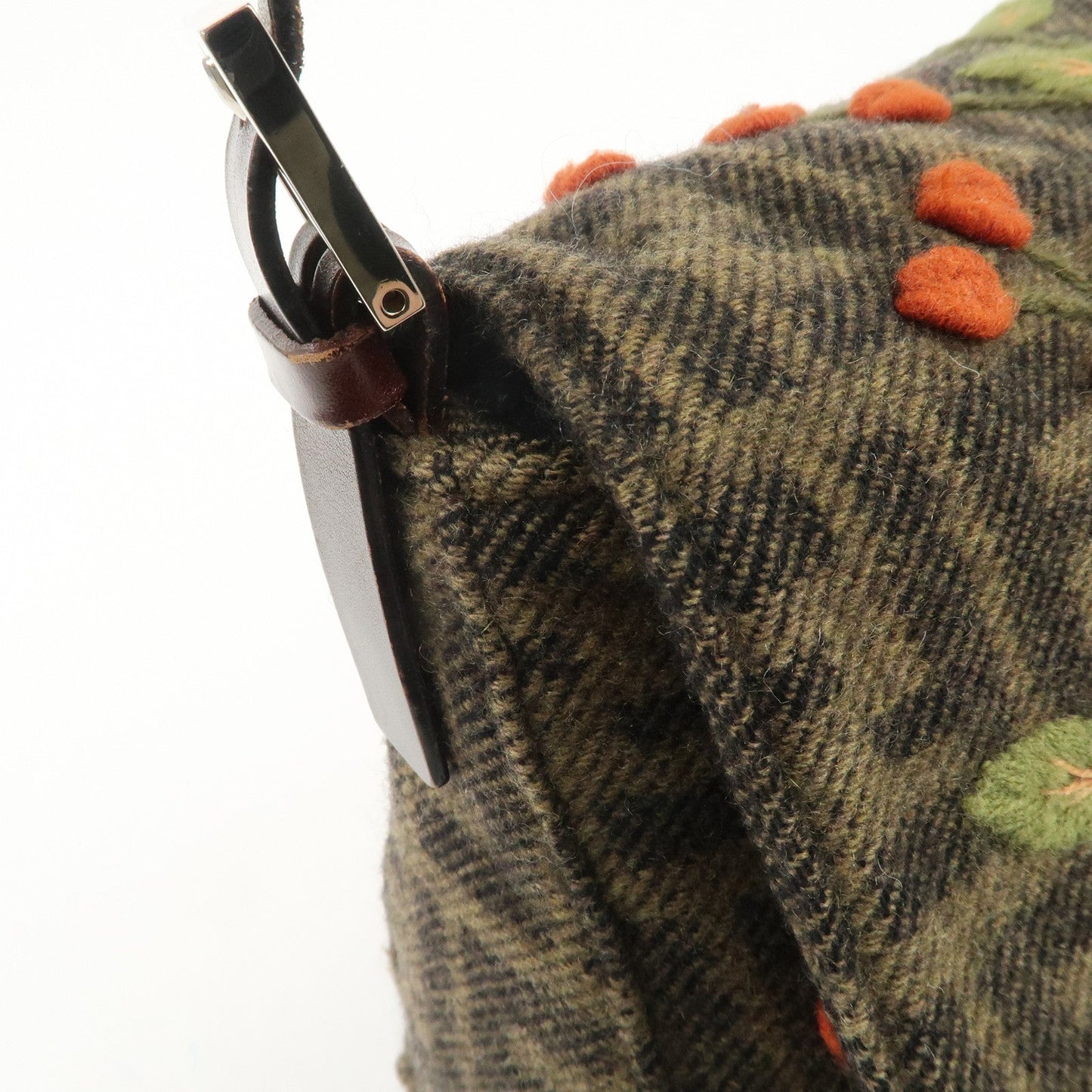 FENDI Mamma Baguette Wool Leather Shoulder Bag Tree Motif Khaki