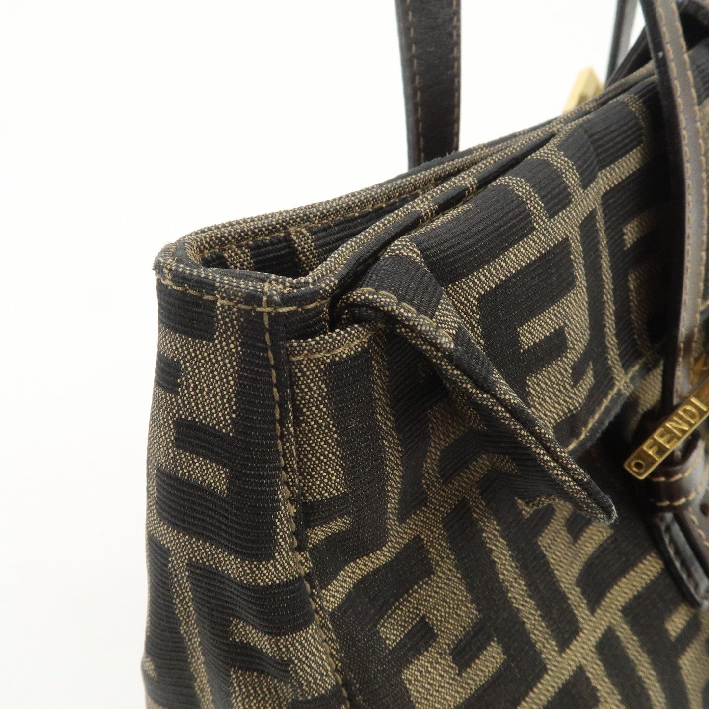FENDI Zucca Canvas Leather Hand Bag Brown Black Gold Hardware