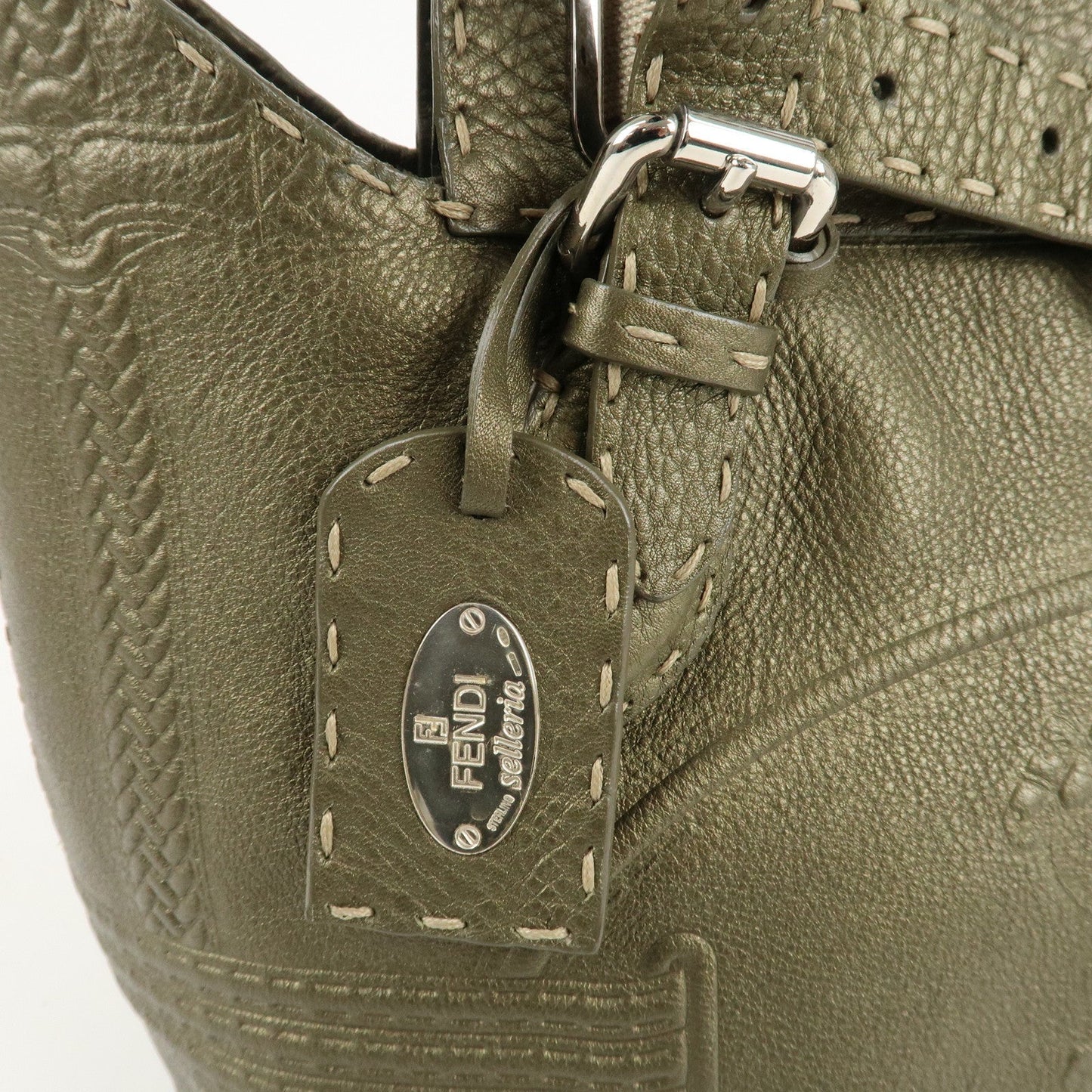 FENDI Selleria Leather Tote Bag Shoulder Bag Khaki 8BN155