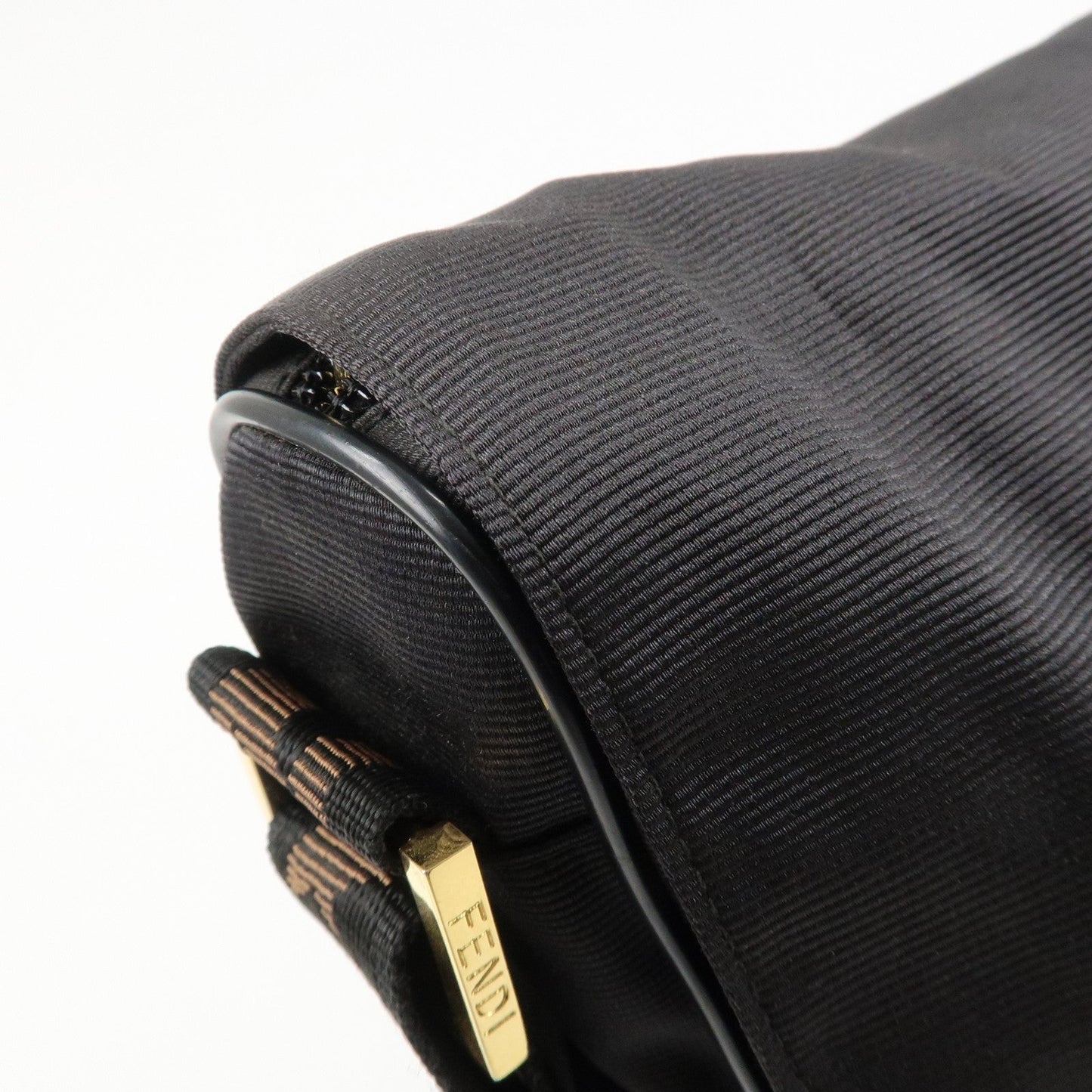 FENDI Nylon Canvas Leather Shoulder Bag Hand Bag Black Brown