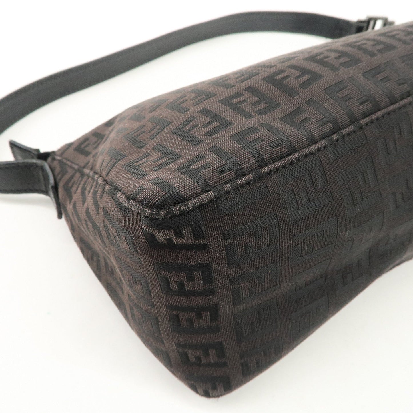 FENDI Zucchino Canvas Leather Shoulder Bag Dark Brown 8BR444