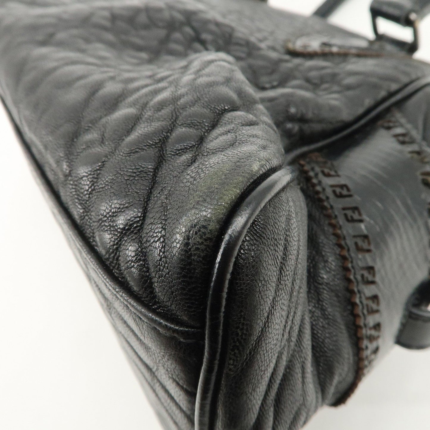 FENDI Ethnico Zucca Canvas Leather Shoulder Bag Black 8BN157