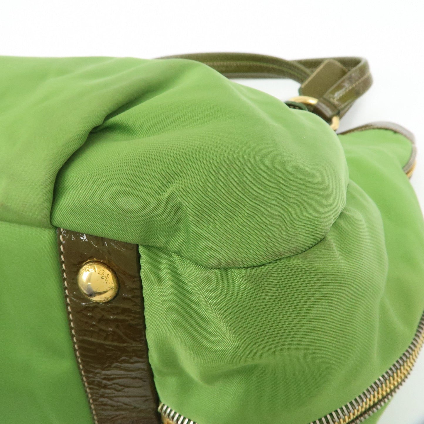 PRADA Nylon Patent Leather Tote Bag Shoulder Bag Green Khaki