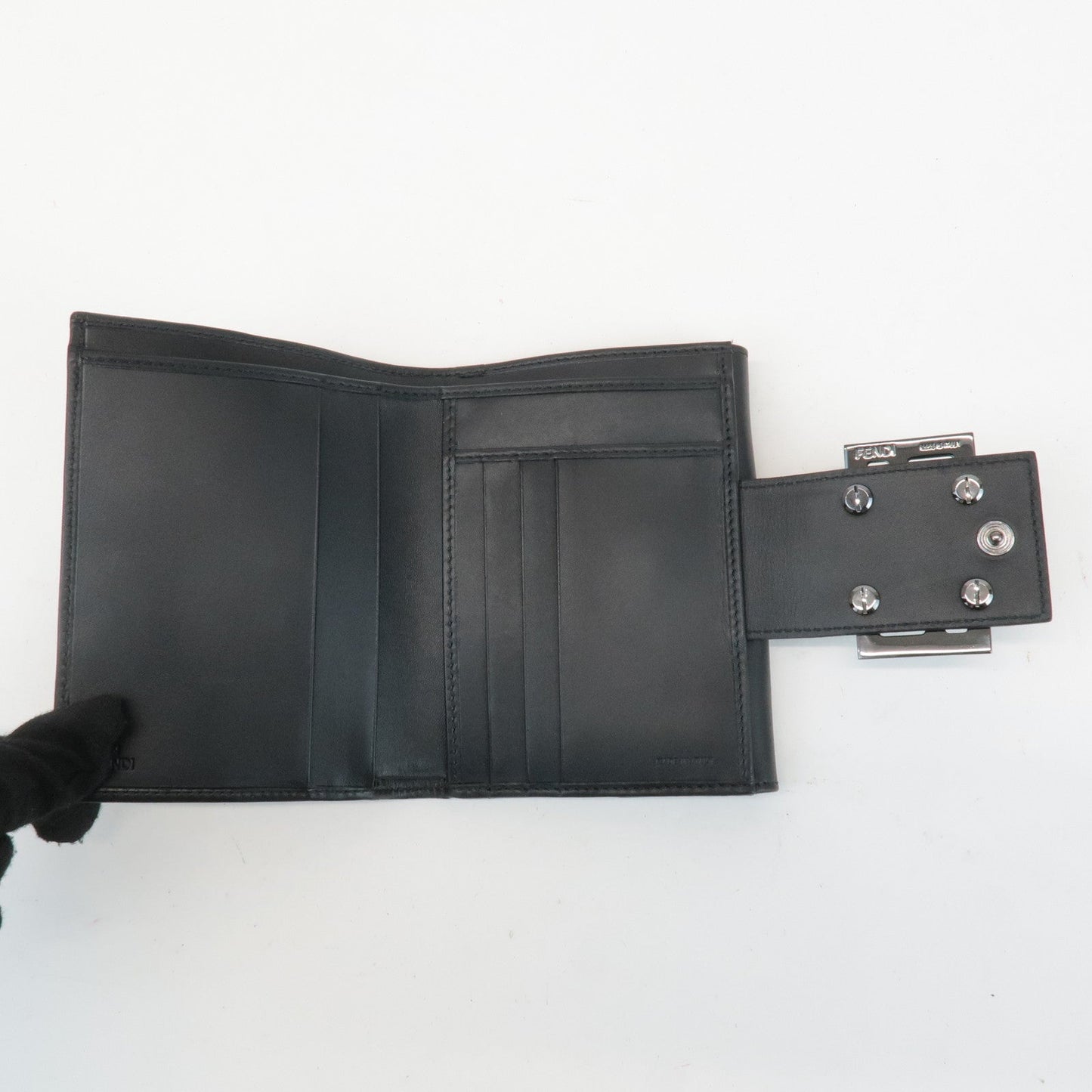 FENDI Zucchino Canvas Leather Double Hook Wallet Black 8M0035